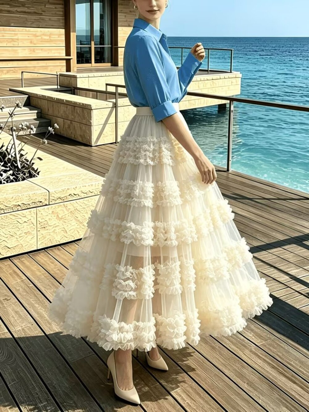 Romantic Cream Tiered Maxi Skirt with Ruffle Accents - Picture 2 of 6
